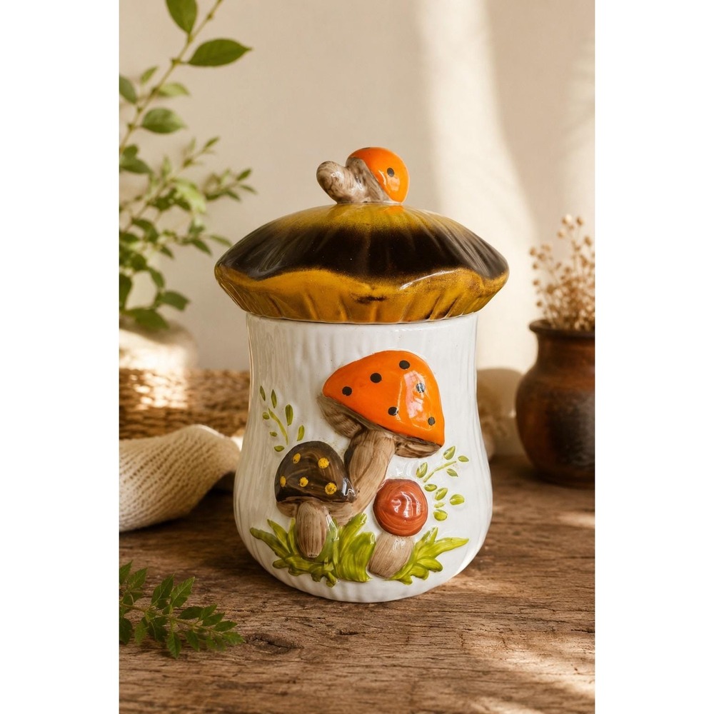 Vintage Mushroom Canister Ceramic Cookie Jar Woodland Cottagecore Kitchen Decor